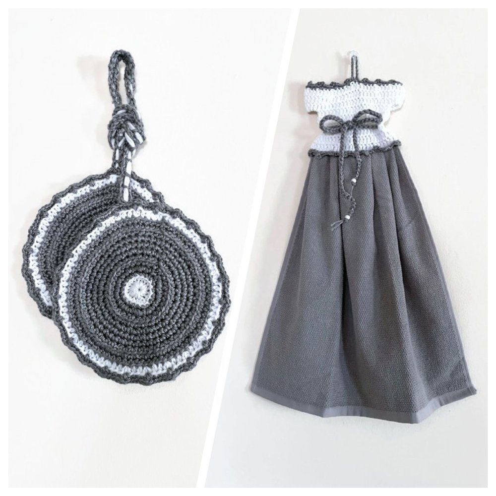 Crochet gift set, dress shape dish towel and pot holder